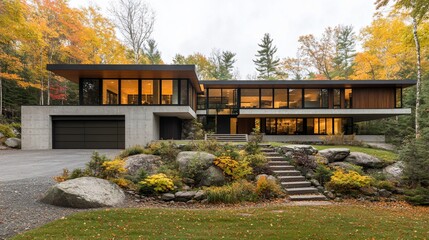 Obraz premium Modern house with concrete and wood exterior, large windows, autumn foliage, and stone landscaping.
