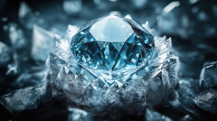 A dazzling gemstone with an icy blue hue, surrounded by frosted crystalline shards, glowing faintly under soft winter light. Intricate facets reflecting subtle gradient tones of teal and silver