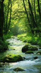 Obraz premium Serene Forest Stream with Lush Greenery and Gentle Flowing Water