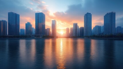 Fototapeta premium A serene sunset over a city skyline reflected in water.