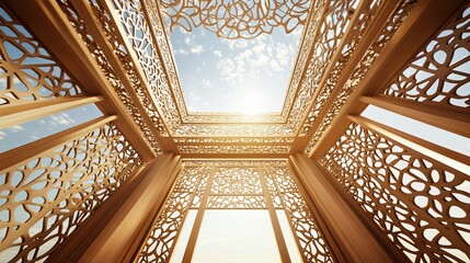 Ornate golden structure with intricate latticework, viewed from below against a bright sky.