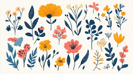 A playful collection of hand-drawn flower and nature design elements, featuring vibrant and whimsical illustrations of plants, flowers, and natural motifs.