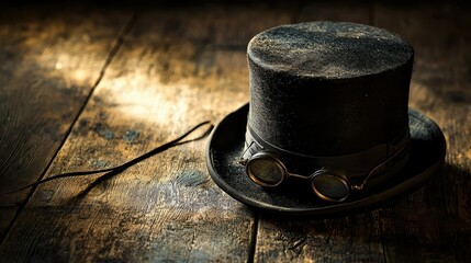 Vintage Top Hat with Goggles on Rustic Wooden Surface
