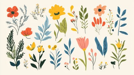 A playful collection of hand-drawn flower and nature design elements, featuring vibrant and whimsical illustrations of plants, flowers, and natural motifs.
