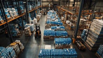 High-angle view of a large warehouse interior filled with pallets of goods and forklifts.