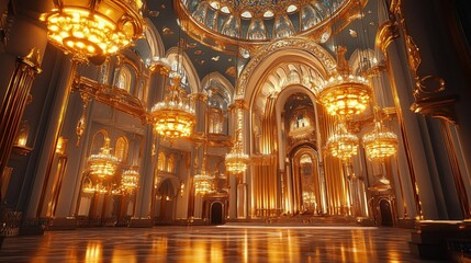 Obraz premium Luxurious golden palace interior with grand chandeliers and high ceilings.