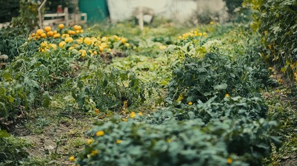 Obraz premium Lush Vegetable Garden with Vibrant Yellow Pumpkins and Green Leaves