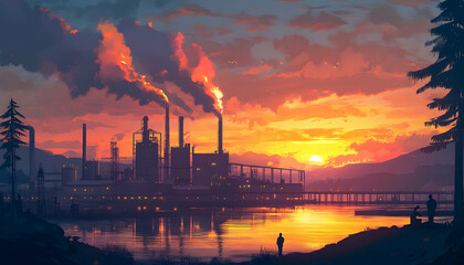Sunset over a water treatment plant showcasing efforts to combat pollution and secure clean water