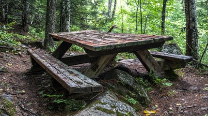 Fototapeta premium Rustic wooden picnic table in serene forest setting with greenery