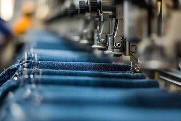 Automated sewing machine stitching denim jeans on production line in garment factory, showcasing textile manufacturing process
