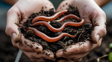 Fototapeta premium Hands holding nutrient-rich soil filled with earthworms, showcasing the importance of vermiculture, composting, and organic gardening for sustainable agriculture, soil health, and environmental conser