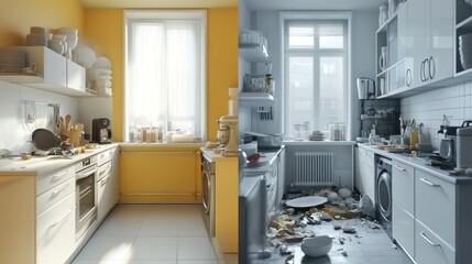 Clean vs. messy kitchen before & after.