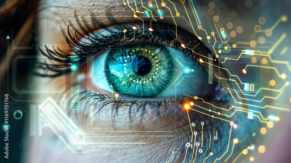 Poster A captivating close-up reveals a human eye, showcasing intricate circuit patterns overlapping with the iris.