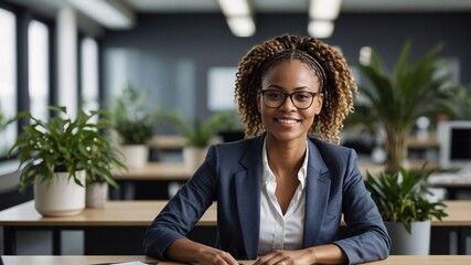 Confident African woman with braided hair presenting her professional skills in a modern office environment filled with greenery during a bright afternoon