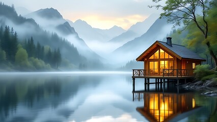 Fototapeta premium Perched on edge of a tranquil, glistening lake, eco-friendly bungalow offers a breathtaking panoramic view of surrounding lush greenery, with morning sun casting a warm, golden glow over serene water