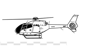 Eurocopter EC120 Colibri. Vector drawing of light utility helicopter. Side view. Image for illustration and infographics.