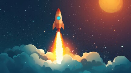 A rocket launch symbolizes the strategic planning and dynamic lift-off of a startup, reflecting the powerful momentum and ambitious goals driving the new venture.