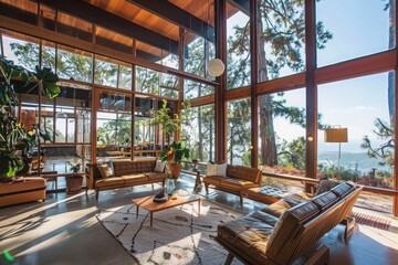 Fototapeta premium A large open living room with a fireplace, a dining table, and a couch