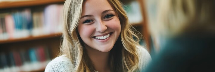 Fototapeta premium Young woman smiling, blonde wavy hair, white teeth, close-up portrait, warm lighting, bookshelf background, cozy atmosphere, natural makeup, friendly expression, casual style, indoor setting, soft foc
