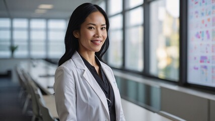 Smiling Southeast Asian woman in a modern office attire stands confidently in a bright, contemporary workspace during daylight hours, showcasing professionalism and approachability