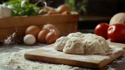 Fototapeta premium Dough dumplings on wooden board.