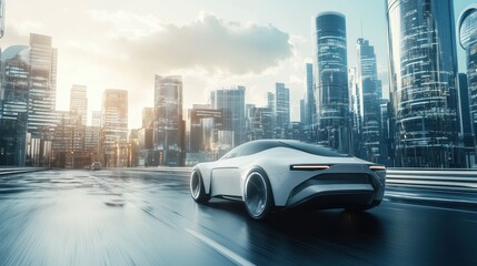 Naklejka premium A self-driving car effortlessly glides through a futuristic cityscape, showcasing its sleek and advanced design, and symbolizing the future of transportation technology.
