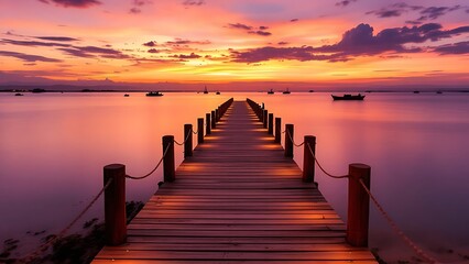 Fototapeta premium Wooden pier path, illuminated by a warm glow of LED lights, stretches out like a welcoming ribbon, offering a panoramic view of tranquil ocean at sunset, creating a serene and enchanting atmosphere