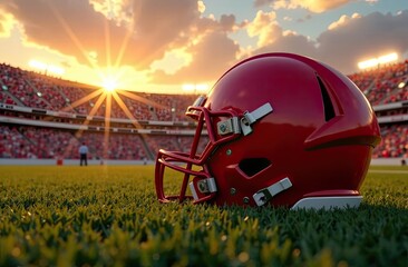Red football helmet rests on field with sunset in the background during evening game