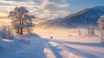 Serene Winter Landscape with Bear Walking Through Snowy Field