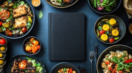 Cookbook mockup surrounded by food. (1)