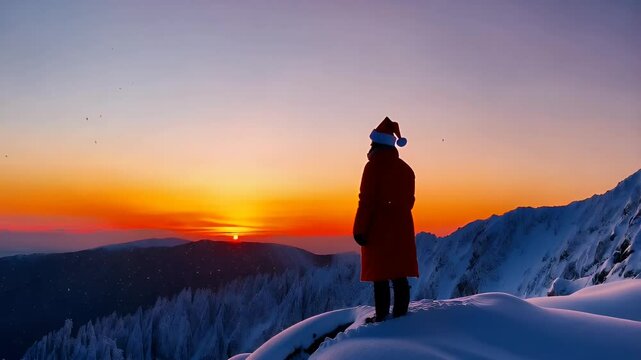 Person in red coat with Santa hat watches sunset over snowy mountains