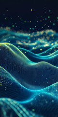 Naklejka premium Dark blue and teal gradient ombre blend. Bright metallic lines with lime glitter and neon flash highlights. Noise grain mesh background.