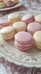 Obraz premium Delicious French Macarons on Elegant Plate with Floral Design