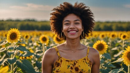 Joyful young afroukrainian woman enjoying a sunny day among vibrant sunflowers in a picturesque field, radiating happiness and warmth