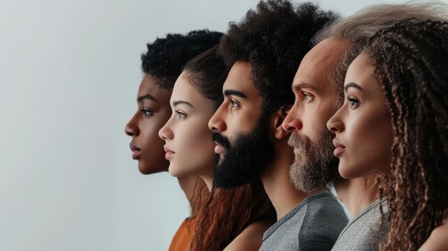 A side profile view showcasing a diverse group of people, emphasizing various ethnicities and features.