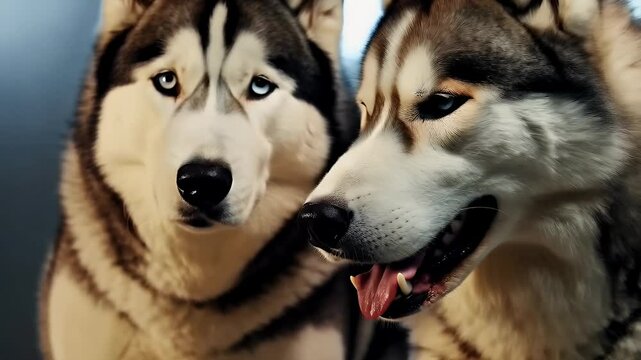 Siberian huskies in close-up showcasing their striking blue eyes and playful demeanor