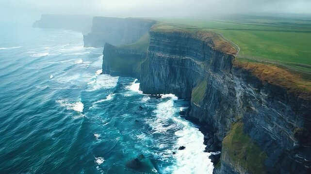 This rugged cliffs tower over crashing waves, enveloped in morning fog along the coast.