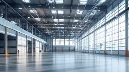 Obraz premium A spacious industrial warehouse interior featuring high ceilings and large windows, showcasing an empty commercial storage area with a clean, open layout.