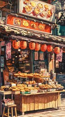 Vibrant Street Food Stall with Delicious Snacks and Lanterns
