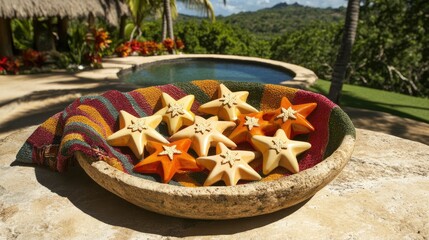 Obraz premium Star-shaped ornaments in a bowl by a pool.