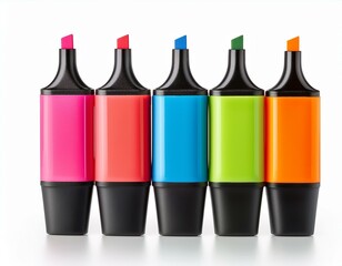 A set of five vibrant-colored highlighters arranged in a neat row, isolated on white.