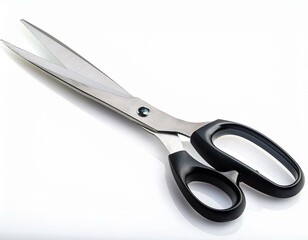 A pair of sharp, stainless steel scissors with black handles, isolated on a white background.	