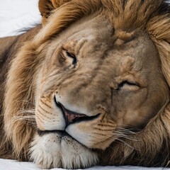 Fototapeta premium A sleeping lion curled up peacefully on a white background.