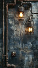 Rusty Industrial Wall with Antique Light Fixtures and Metal Pipes