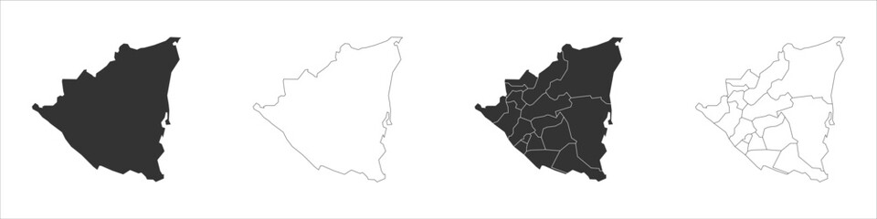Obraz premium Nicaragua set of three maps - solid map, outline map and map highlighting administrative divisions. Three distinct maps illustrate various representations of a geographical area.