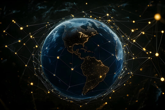Earth at night illuminated by vibrant digital connections, representing worldwide data sharing, communication systems, and global technology infrastructure - Powered by Adobe