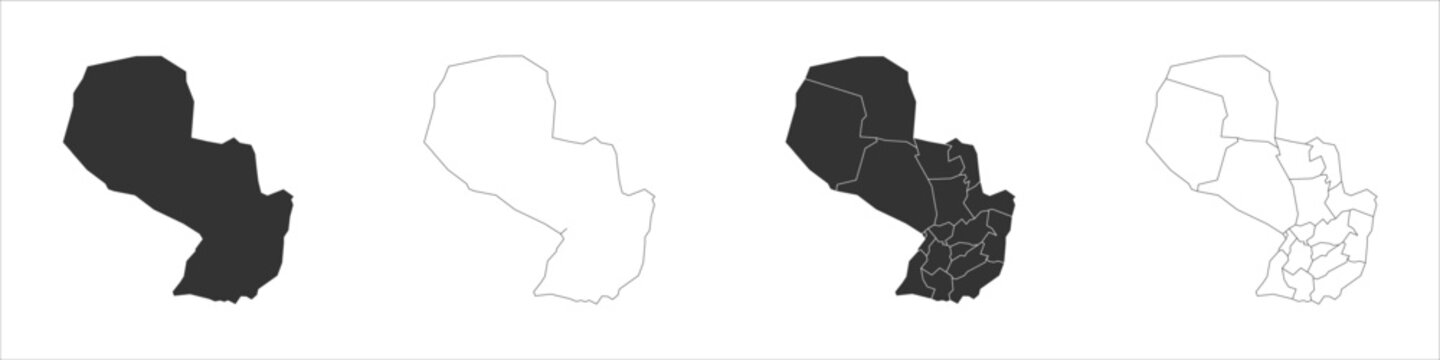 Paraguay set of three maps - solid map, outline map and map highlighting administrative divisions. Three distinct maps illustrate various representations of a geographical area.
