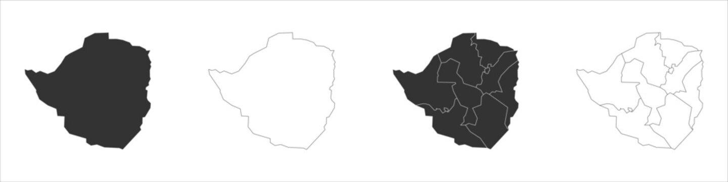 Zimbabwe set of three maps - solid map, outline map and map highlighting administrative divisions. Three distinct maps illustrate various representations of a geographical area.
