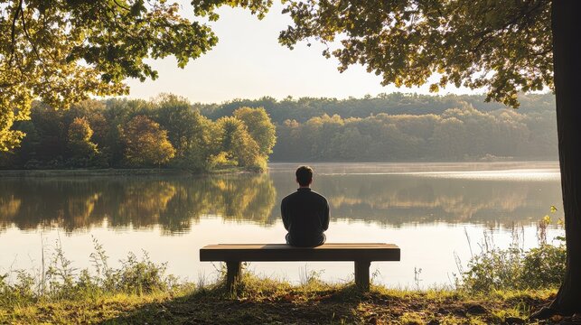 A tranquil scene of self-reflection in a serene space overlooking a calm lake, perfect for introspection and contemplating the past or future.