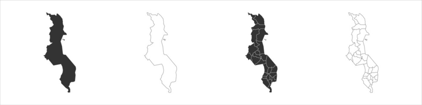 Malawi set of three maps - solid map, outline map and map highlighting administrative divisions. Three distinct maps illustrate various representations of a geographical area.